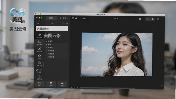 美图云修主界面预览,左侧为功能面板,右侧为图片编辑区,整体界面简洁现代,色调以深灰与白色为主,背景虚化处理,突出软件名称美图云修,画面高清,专业感强