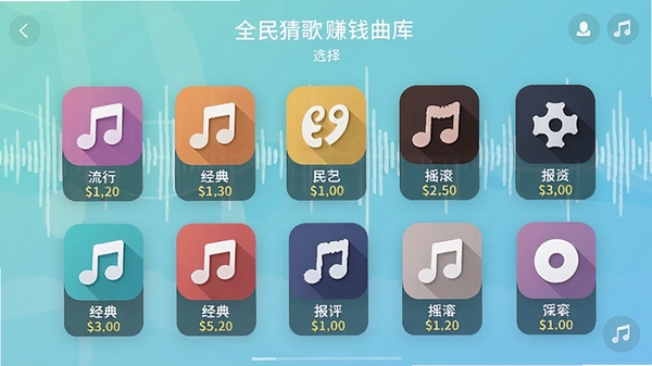 全民猜歌赚钱曲库选择界面,屏幕上排列着多个音乐风格图标,包括流行、经典、民谣、摇滚等,每个图标下方标注歌曲数量,背景为淡雅的音频波形图,整体色调清新,突出海量歌曲与智能分类的功能特点。