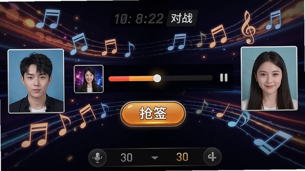 全民猜歌赚钱实时对战界面,两名玩家头像分列屏幕两侧,中间为歌曲播放进度条与抢答按钮,背景为动感的光效与音符元素,底部显示比分,营造出紧张激烈的竞技氛围。