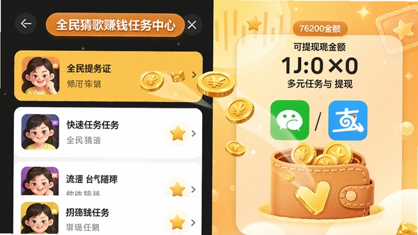全民猜歌赚钱任务中心与提现页面,画面左侧为任务列表,右侧显示可提现金额与微信/支付宝图标,金币动画从任务栏飞入钱包,背景为暖黄色,突出快速提现与多元任务的核心优势。