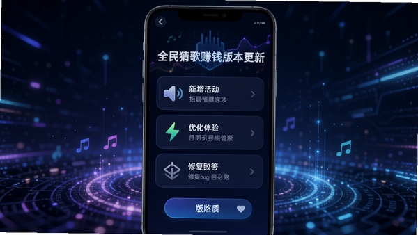 全民猜歌赚钱版本更新界面,屏幕中央显示新版特性列表,包括新增活动、优化体验、修复bug等条目,背景为科技感的光效,整体风格简洁大气,突出软件持续迭代的活力。