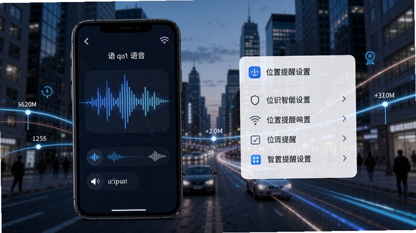 记得吗智能备忘功能展示图,界面显示语音输入波形和位置提醒设置选项,背景是城市街景与时间线条交织的创意视觉,体现智能与便捷