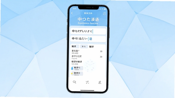 日语英语翻译软件主界面截图,展示中日英三语输入框与翻译结果区域,背景为浅蓝色渐变,手机居中,界面简洁现代,高清渲染