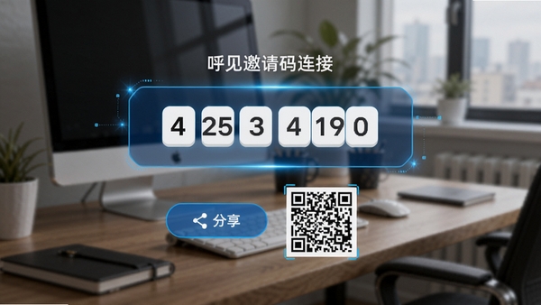 呼见邀请码连接界面,界面中央显示六位数字邀请码,下方有分享按钮和二维码图案,背景为模糊的办公桌面,突出简洁明了的操作步骤,画面带有科技蓝光效,风格写实,适配Boogu模型生成