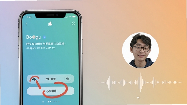 呼见双向语音与屏幕标注功能演示,画面左侧为手机屏幕内容,右侧为另一用户头像与语音波形,屏幕上有红色画笔圈出关键按钮,背景为简洁的纯色渐变,风格清新,适配Boogu模型生成