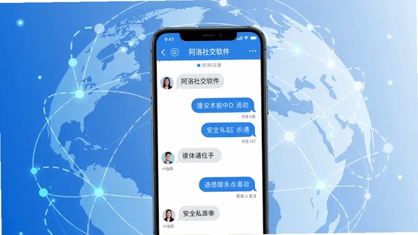 阿洛社交软件主视觉图,画面中央是一部智能手机屏幕显示聊天界面,背景为抽象的地球网络连接线条,整体色调清新蓝白,风格现代简洁,突出全球沟通与安全私密的特点