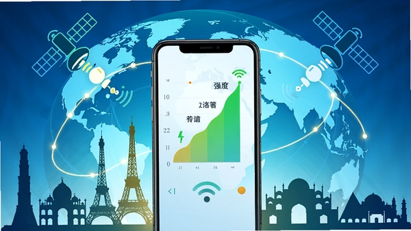 阿洛网络优化功能示意图,手机画面显示网络信号强度提升的动画,周围环绕多个国家的地标剪影,背景为全球卫星连接图案,色调明亮,展现高速稳定的传输性能