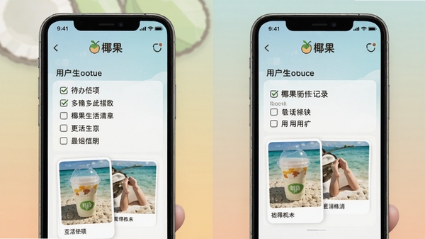 椰果个性化记录工具预览,展示用户创建的生活清单界面,包含待办事项与图片附件,界面简洁,带有“椰果”字样,背景为柔和渐变色,突出功能实用性,适配移动端竖屏显示