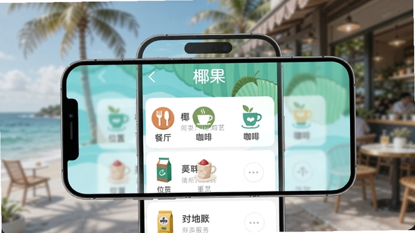 椰果智能推荐功能示意图,手机屏幕上展示基于位置的周边服务列表,包含餐厅、咖啡馆等图标,界面设计清新,带有“椰果”品牌标识,背景虚化处理突出前景,适配移动端横屏展示