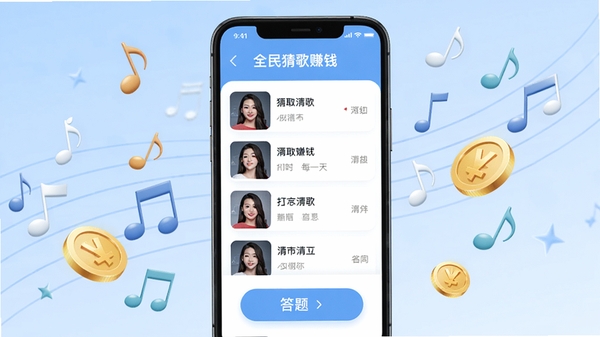 全民猜歌赚钱应用主界面预览图,展示歌曲列表和答题按钮,背景为淡蓝色调,界面简洁现代,手机屏幕居中,周围有音符和金币元素点缀,画面明亮清晰,适合软件介绍场景