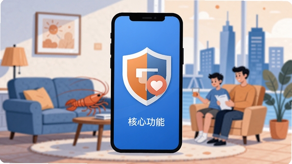 一幅展示龙虾保APP核心功能的扁平化插画,画面中央是一部智能手机,屏幕上有盾牌和爱心图标,背景是温馨的家庭生活场景与城市天际线,整体色调以蓝色和橙色为主,强调安全、互助与便捷,风格现代简约,适合应用商店展示