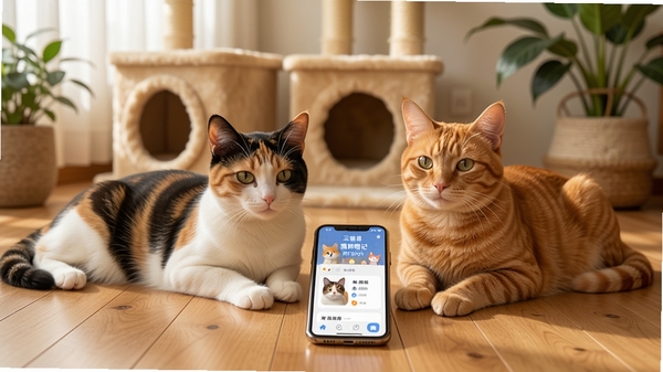 一张温馨的室内场景图,一只三花猫和一只橘猫趴在木地板上,旁边放着手机,手机屏幕显示三喵记APP的猫咪档案界面,背景有猫爬架和绿植,整体色调温暖,光线柔和,突出猫咪与应用的互动关系,画面清晰,细节丰富。