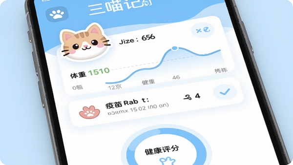 三喵记APP的健康档案界面截图风格,展示猫咪头像、体重曲线图、疫苗倒计时卡片,下方有健康评分环,界面以浅蓝色和白色为主,数据可视化清晰,图标可爱,整体设计简洁现代,适合移动端展示。