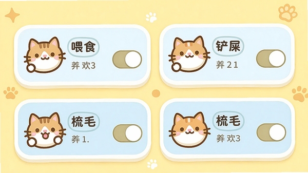 三喵记APP的提醒设置页面,展示多个闹钟样式的提醒卡片,分别标注喂食、铲屎、梳毛,每个卡片有可爱的猫咪图标和开关按钮,背景是淡黄色,整体风格活泼,UI元素圆润,适合教程展示。