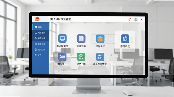 电子政务浏览器主界面预览图,展示简洁的导航式首页布局,包含常用政务系统快捷图标,背景为浅色系办公场景,风格现代且专业,整体画面清晰明亮
