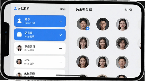 呼见App联系人分组管理界面截图,左侧显示分组列表,右侧展示组内成员头像,背景为浅灰色,卡片式设计,带有蓝色高亮选中状态,画面简洁清晰。