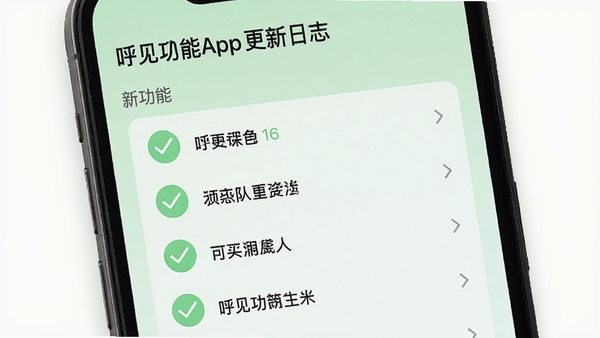 呼见App更新日志界面,展示新功能列表,背景为浅绿色,带有对勾图标,风格清新,细节突出。