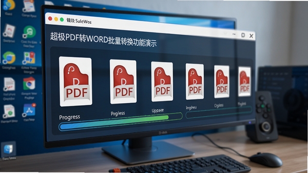 超极PDF转WORD批量转换功能演示,界面中显示多个PDF文件正在排队转换,进度条动态更新,背景为电脑桌面,突出高效处理能力,风格直观、动态