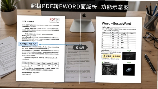超极PDF转WORD版面分析功能示意图,展示PDF原稿与转换后Word文档的对照,突出段落、表格、图片的精准还原,背景为工作台与文档对比画面,风格写实、清晰