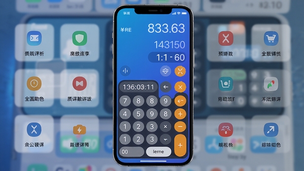 全能计算器助手主界面预览图,手机屏幕展示多种计算功能模块,背景为渐变蓝色,整体风格简洁现代,图标清晰,突出计算器核心功能,画面中心为计算器键盘,上方显示计算结果,背景虚化处理,适合应用商店截图风格