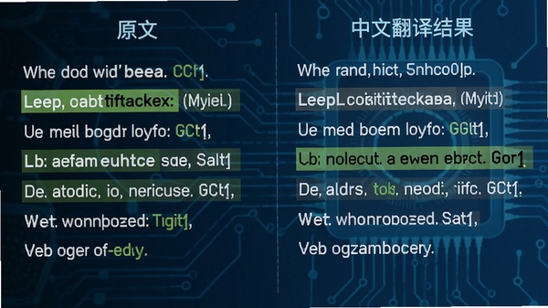 DeepL翻译对比示意图,左侧为原文英文句子,右侧为中文翻译结果,用高亮标注出关键术语的准确翻译,背景为科技感蓝色调,图像清晰展示翻译细节