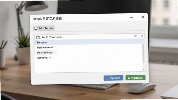 DeepL自定义术语表设置界面,展示添加术语和对应翻译的编辑窗口,背景为柔和的办公桌面,界面布局清晰,操作按钮明显,整体风格简洁直观