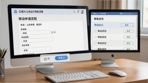 日喀则公务出行审批流程界面截图模拟,展示申请单填写页面与审批状态列表,背景为办公桌与电脑,突出移动办公的便捷性,画面简洁清晰,色彩柔和