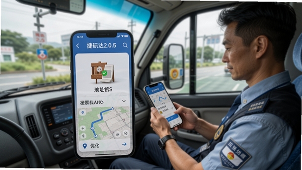 捷运达2.0.5版本更新界面示意图,手机屏幕展示新增的地址簿图标和优化后的导航路线,背景为司机在服务区休息并查看手机,画面自然和谐,体现版本升级带来的便利。