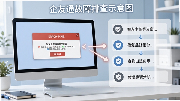 企友通故障排查示意图,展示电脑屏幕上的错误提示框和修复步骤,背景为干净的工作台,色调清爽,重点突出解决方法的步骤
