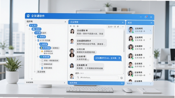 企友通软件主界面全景预览图,展示左侧组织架构树、中部聊天窗口、右侧成员列表,背景为现代简洁的办公桌面,整体色调以蓝白为主,画面清晰明亮,体现企业协作氛围