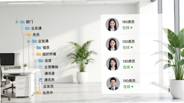 企友通组织架构通讯录功能展示图,画面左侧显示部门树状列表,右侧显示成员头像与在线状态,背景为简约的企业办公场景,绿色植物点缀,色调清新自然