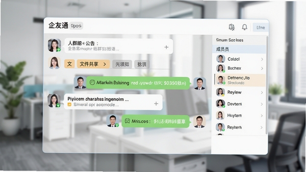 企友通多人群组会话界面截图,展示群公告置顶、文件共享标签页、成员列表,背景为模糊的办公环境,突出聊天窗口的清晰布局,色调明亮舒适