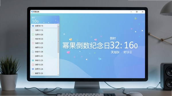 幂果倒数纪念日主界面预览图,展示软件在电脑桌面上的运行效果,界面清新简洁,左侧为日期列表,右侧显示倒计时天数,背景为淡雅的渐变蓝色,整体风格现代,画面中央有软件名称“幂果倒数纪念日”字样