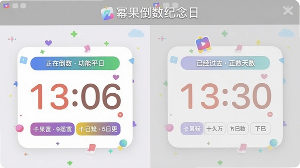 幂果倒数纪念日功能展示图,画面分为左右两部分,左侧显示一个正在倒数的日期卡片,右侧显示一个已经过去日子的正数天数,卡片上配有彩色标签和数字,背景为浅灰色,软件名称“幂果倒数纪念日”出现在顶部