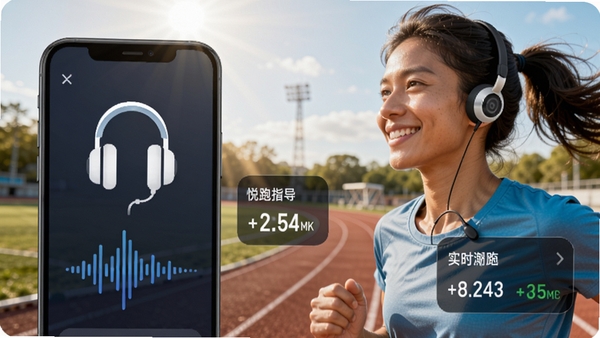 悦跑世界智能语音陪跑功能示意图,手机屏幕显示耳机图标和声音波形,背景是运动场跑道,一位跑者佩戴无线耳机微笑奔跑,画面阳光积极,突出语音指导和实时数据反馈的交互场景