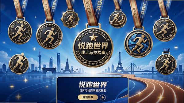 悦跑世界线上马拉松赛事奖牌设计图,多枚造型独特的金属奖牌悬浮在蓝色背景上,搭配城市地标剪影和跑道线条,画面下方有悦跑世界赛事报名界面,风格精致且富有荣誉感