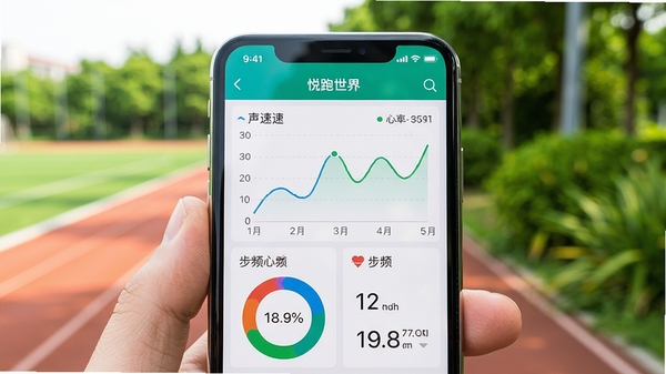 悦跑世界手机端运动数据统计图表特写,屏幕展示折线图和环形图,背景是户外跑道和绿植,画面清晰展示配速、心率和步频数据,色调清新自然