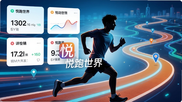 悦跑世界手机应用主界面预览图,展示运动数据卡片和虚拟赛道地图背景,前景是正在跑步的年轻人剪影,色彩明亮动感,整体风格现代科技感,画面中心突出悦跑世界logo和运动轨迹