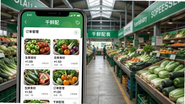 千鲜配App主界面预览图,展示生鲜食材列表、价格行情与订单管理模块,画面以清新绿色为主色调,背景为现代蔬菜批发市场,前景为手机界面特写,风格写实清晰