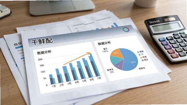 千鲜配数据报表界面,显示柱状图与饼图统计,背景为办公桌面上的报表文件与计算器,风格简约商务,突出数据分析能力