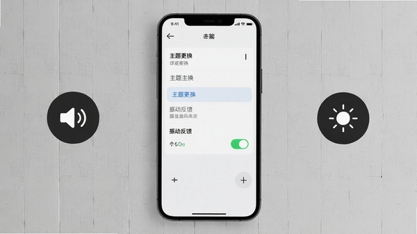 全智能计算器设置页面截图,展示主题更换选项与振动反馈开关,背景为浅灰质感墙面,手机屏幕高亮显示,旁边配有调节音量与亮度的图标,画面干净整洁