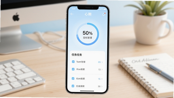 心期app主界面预览图,画面中心显示一个手机屏幕,屏幕内是心期应用的目标管理界面,以清新淡蓝和白色为主色调,界面包含圆形进度环和任务列表,背景为柔和的渐变书桌场景,整体风格干净明亮,体现陪伴成长的温暖氛围