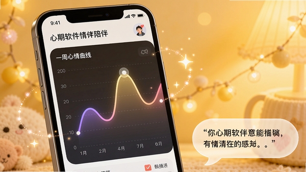 心期软件情绪陪伴功能预览图,手机屏幕显示一周心情曲线图表,曲线有起伏,周围有柔和的闪光粒子效果,背景是温馨的暖黄色调,画面右下角有一句励志文字气泡,整体氛围治愈而积极