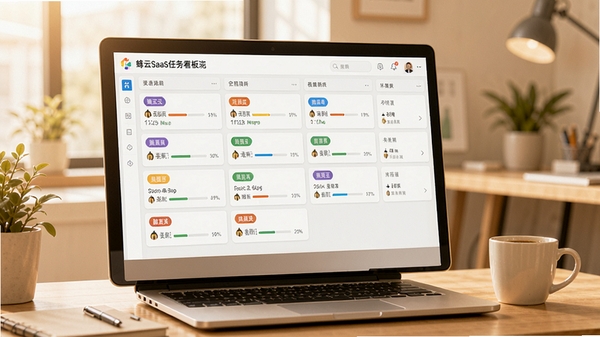 蜂云SaaS任务看板功能演示,屏幕上显示多列任务卡片,包含不同颜色标签和进度条,背景为办公桌面场景,有笔记本电脑和咖啡杯,色调温暖明亮