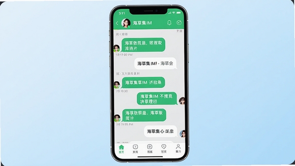 海草集IM主界面预览图,展示聊天列表与底部导航栏,背景为浅蓝色渐变,画面中央是一部手机模型,屏幕内显示海草集IM的对话界面,左侧有绿色气泡消息,右侧白色气泡,顶部显示联系人名称,整体风格简洁明快,符合现代通讯应用审美,光线柔和,细节丰富,适合应用商店展示。