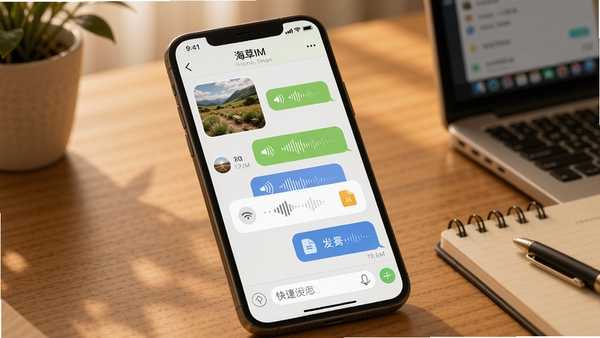 海草集IM消息功能展示图,画面中手机屏幕显示群聊界面,包含图片、语音条和文件卡片,消息气泡错落有致,底部有快捷输入栏,背景为暖色调桌面,营造出高效办公与生活交流并存的氛围,突出软件多功能消息整合的特点。