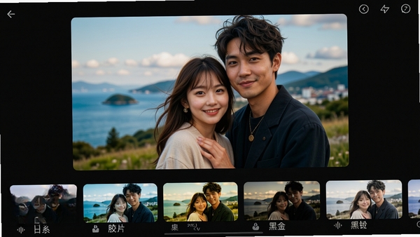 美颜修图滤镜选择界面展示图,底部横向排列着各种风格滤镜缩略图,如“日系”、“胶片”、“黑金”,中间大图预览应用滤镜后的风景人像效果,画面色彩浓郁但不失真,界面布局清晰直观,背景为深色以凸显滤镜色彩