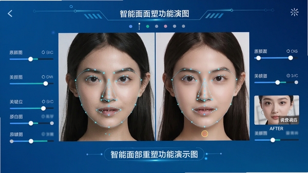 美颜修图智能面部重塑功能演示图,界面中显示人脸网格关键点,周围有调节滑块,对比效果分为左右两个区域,左边为原图,右边为调整后的效果,背景采用科技蓝渐变色调,突出AI算法感