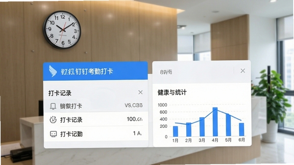 钉钉考勤打卡界面,显示打卡记录与统计图表,界面简洁明了,背景为办公室前台,时钟清晰可见