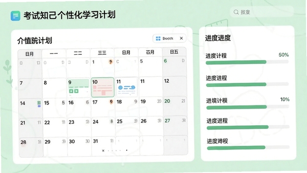 考试知己个性化学习计划页面,展示日历式计划表与进度条,背景为清新的浅绿色调,画面简洁明了
